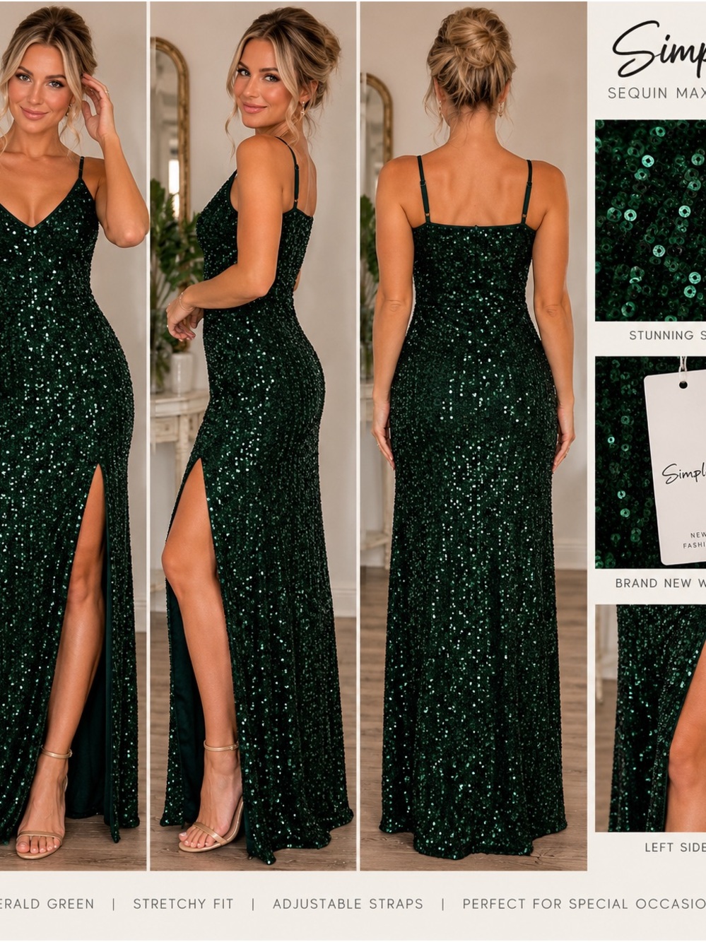 Simplee Apparel Emerald Green Sequin Maxi Dress with Side Slit